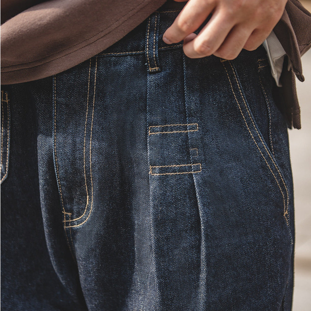 復古丹寧水洗松緊腰牛仔褲cityboy闊腿錐形褲