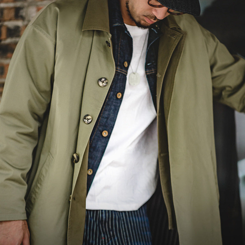 美式休閑撞色巴爾瑪肯風衣寬松中長款薄大衣外套