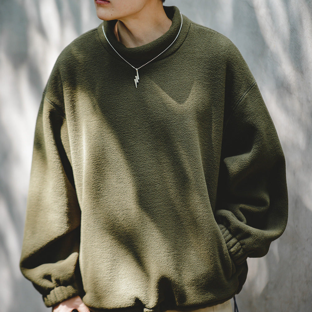 美式休閑搖粒絨衛衣立領cityboy寬松慵懶無帽套頭衫