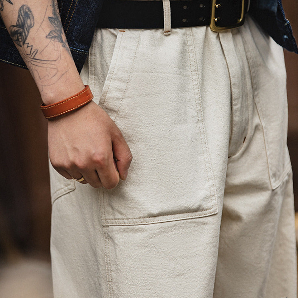 復古棉籽殼米白色牛仔褲寬松直筒工裝休閑長褲