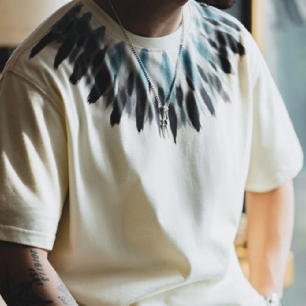 美式復古印第安羽毛印花短袖做舊寬松民族風T恤