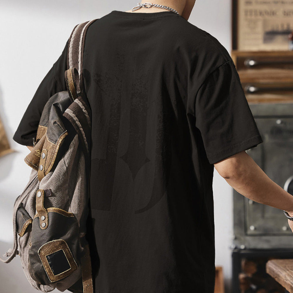 美式男士短袖t恤薄款復古字母印花半袖夏季純棉大碼圓領體恤