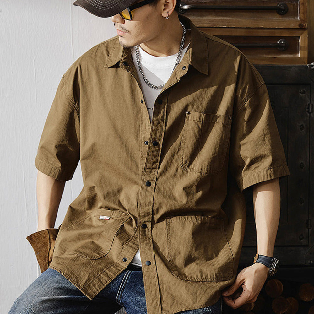 夏季戶外通勤半袖襯衣美式山系休閑大碼工裝上衣