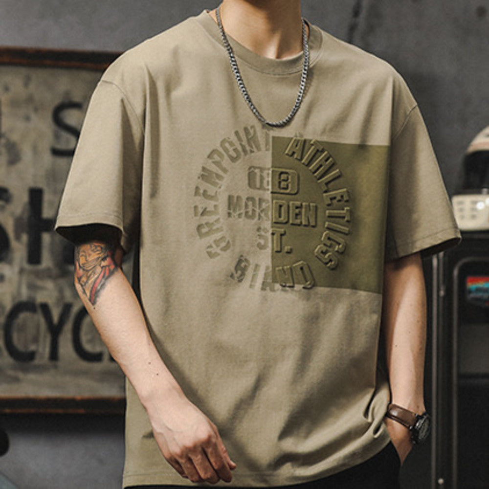 美式高街撞色冰絲速幹短袖男款立體字母印花T恤夏季透氣寬松半袖