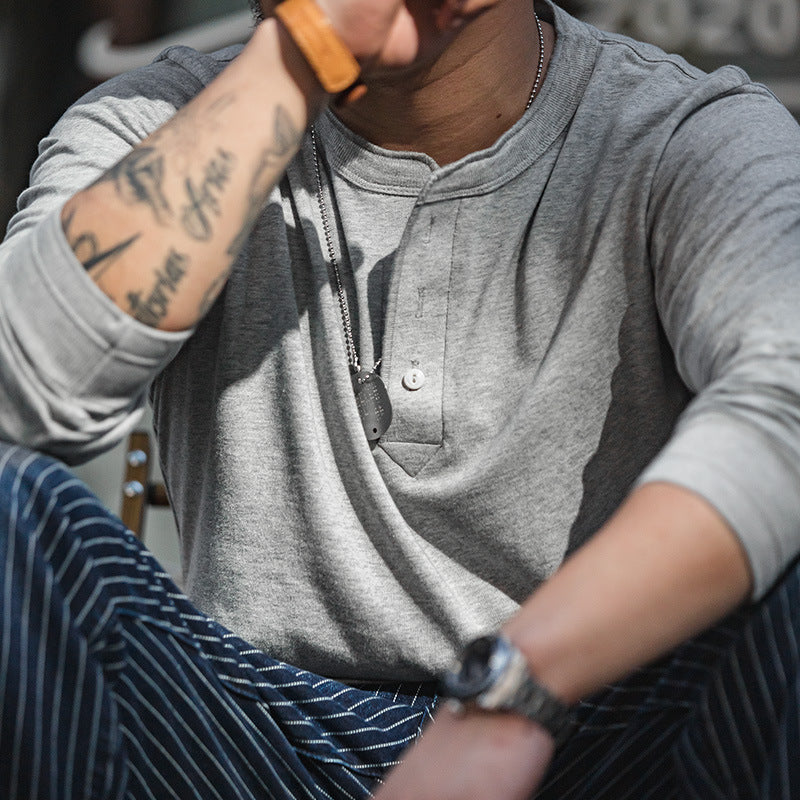 美式復古長袖亨利衫T恤開領硬漢外穿薄款打底衫