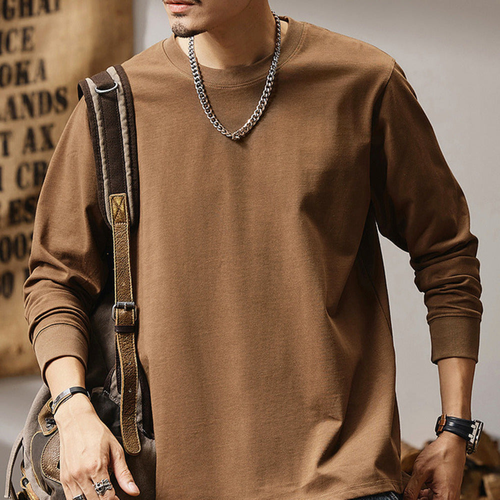 280G雙紗棉長袖t恤男款春秋美式復古衛衣寬松白色打底衫