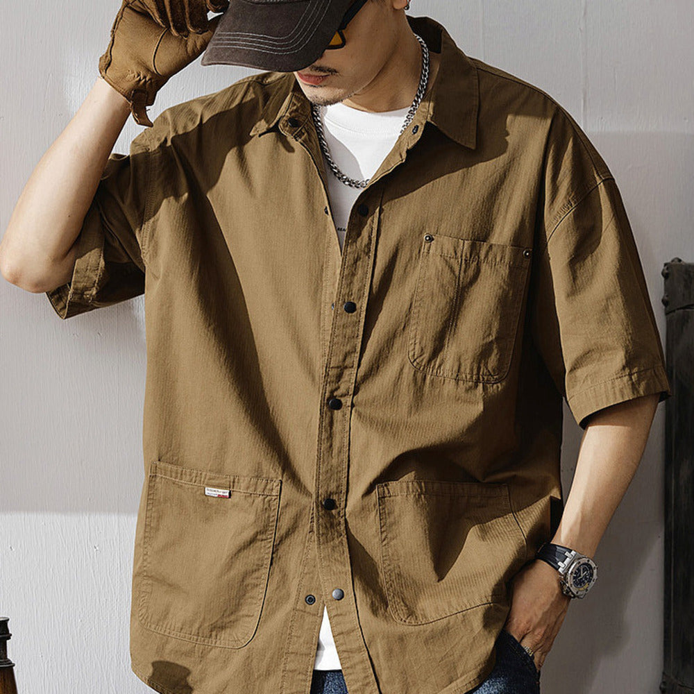 夏季戶外通勤半袖襯衣美式山系休閑大碼工裝上衣