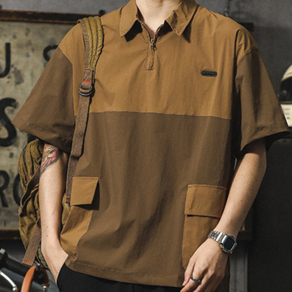 美式休閑速幹男t恤夏天薄款冰絲短袖拼色polo衫潮牌工裝襯衫體恤