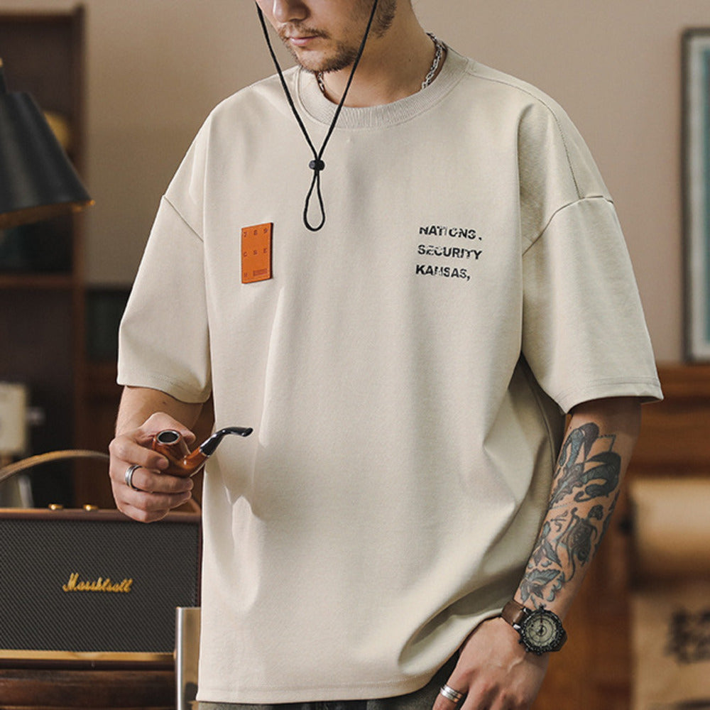 美式280g天絲涼感短袖t恤男皮牌標寬松休閑新款圓領半袖