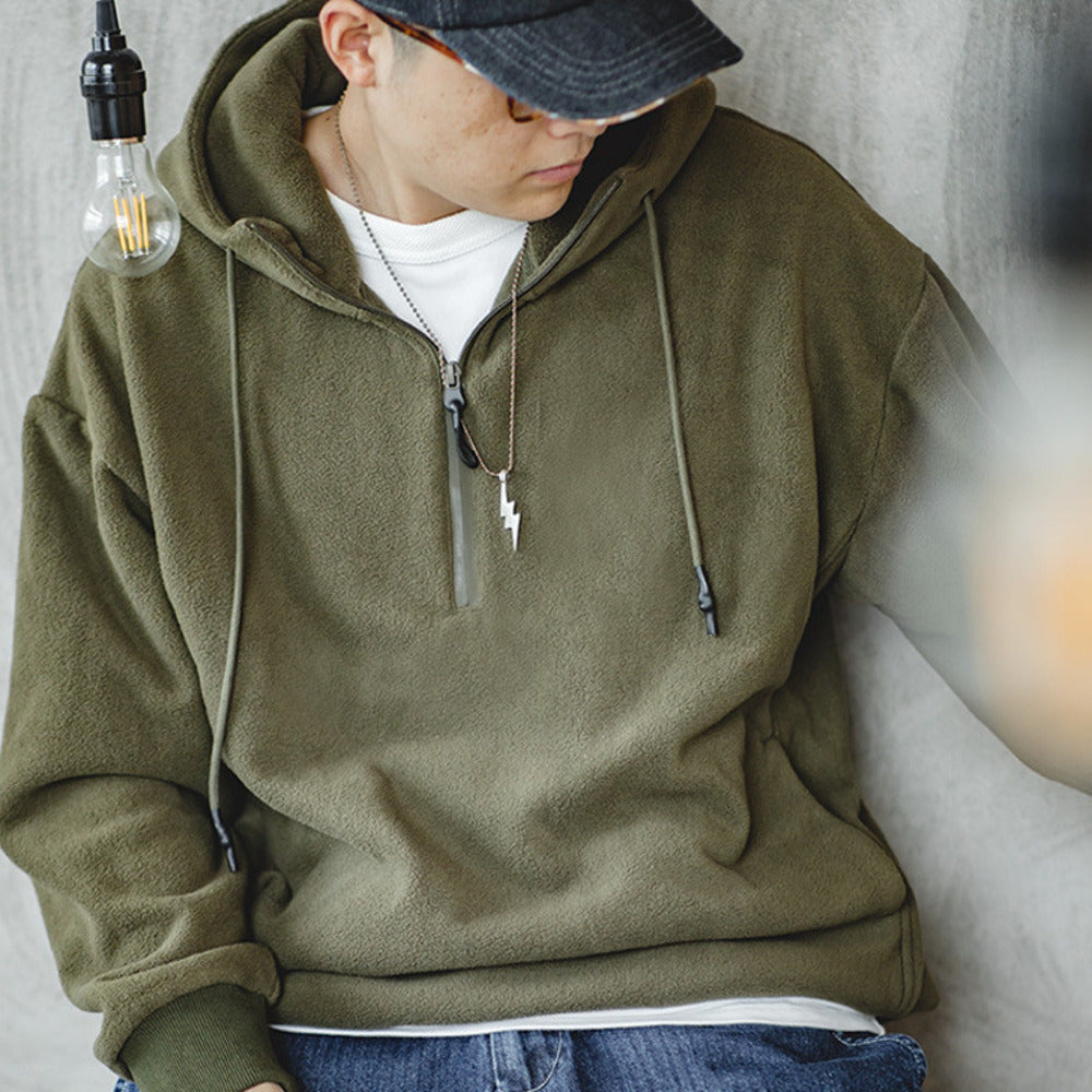 復古半拉鏈抓絨衛衣保暖加絨美式套頭帽衫外套