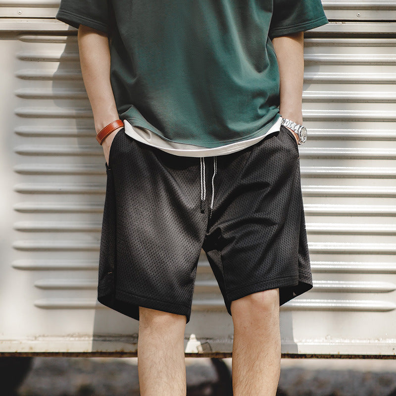 復古網眼透氣排汗訓練運動五分褲