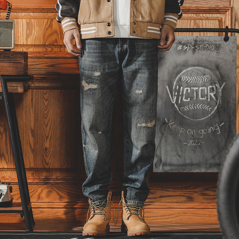 美式復古寬松直筒牛仔褲男春秋破洞潮牌阿美咔叽褲子男士休閑長褲