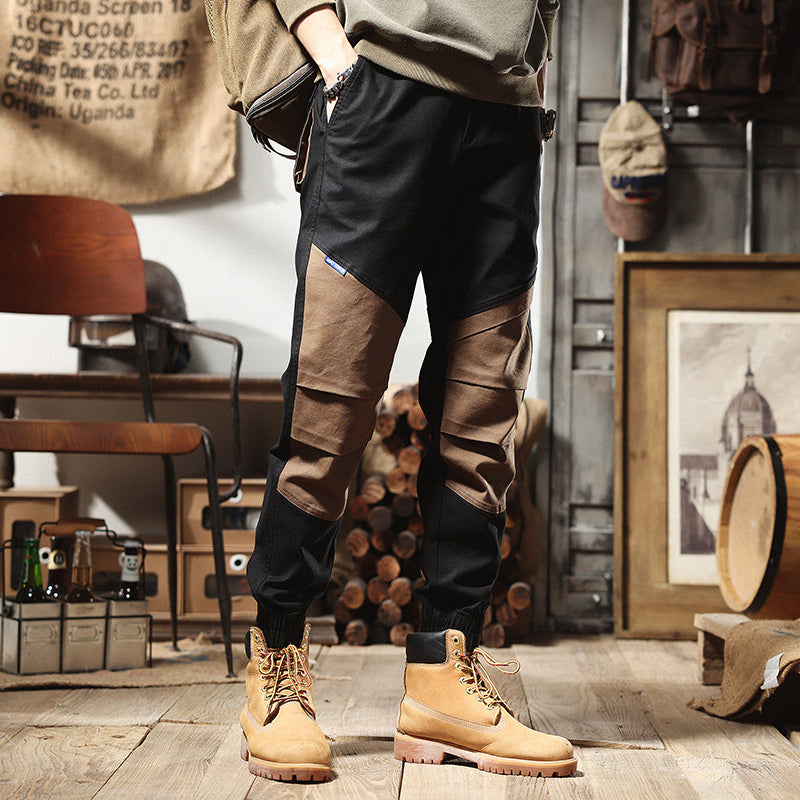 美式工裝褲男春季復古哈倫褲男士軍事風拼接褲