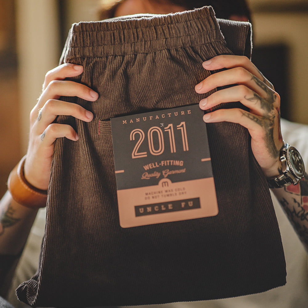 美式復古燈芯絨束腳長褲松緊腰條絨寬松直筒休閑褲