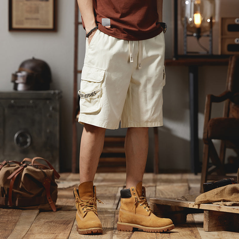 夏季男士口袋大碼休閑抽繩中褲美式純棉五分褲