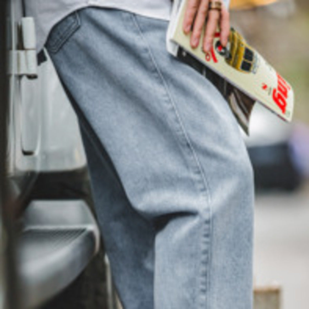 美式復古水洗丹寧牛仔春秋深藍色寬松闊腿長褲