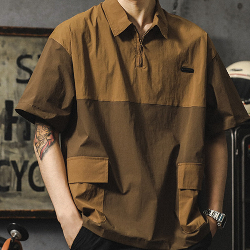 美式休閑速幹男t恤夏天薄款冰絲短袖拼色polo衫潮牌工裝襯衫體恤