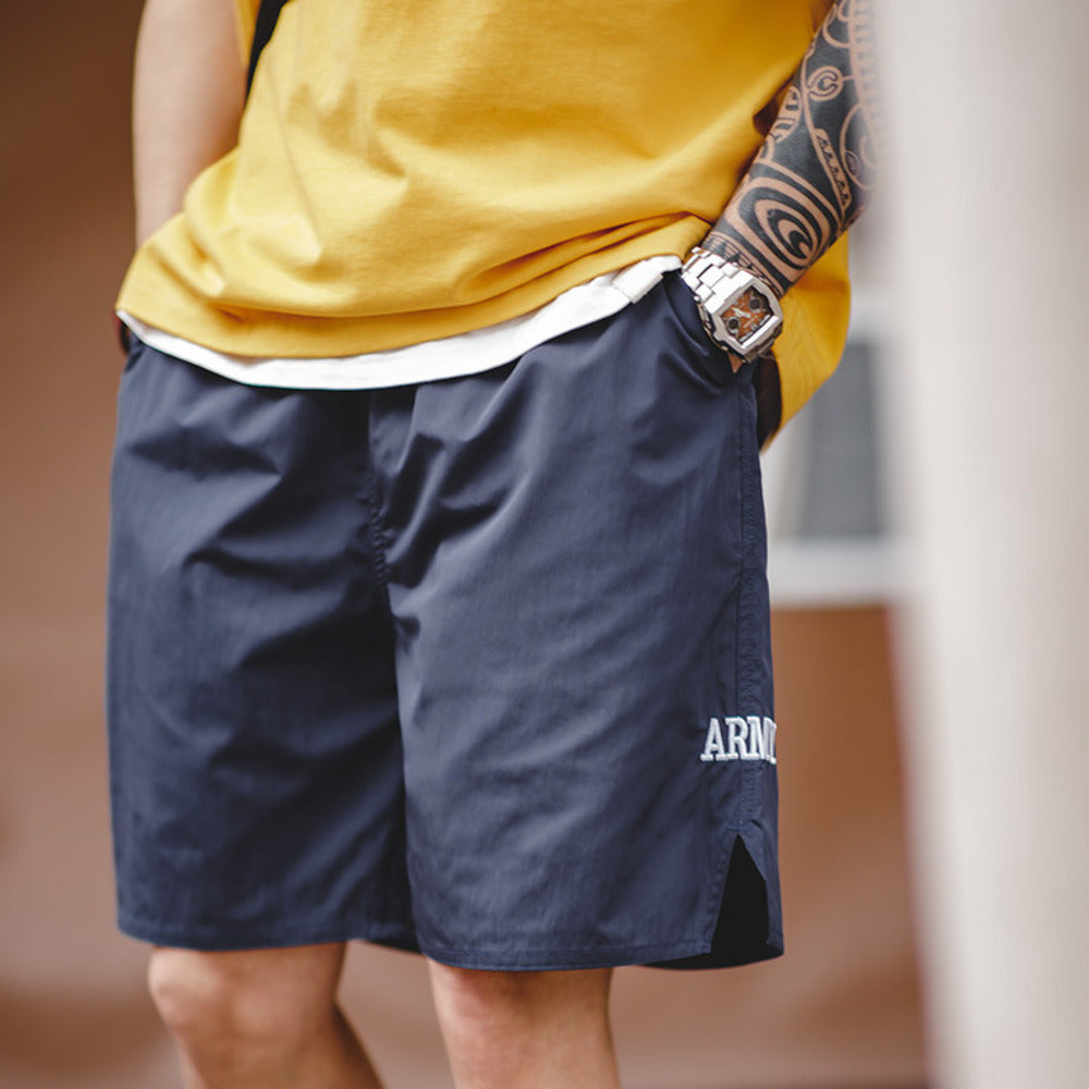 美式復古ARMY訓練運動短褲薄款字母刺繡直筒四分褲