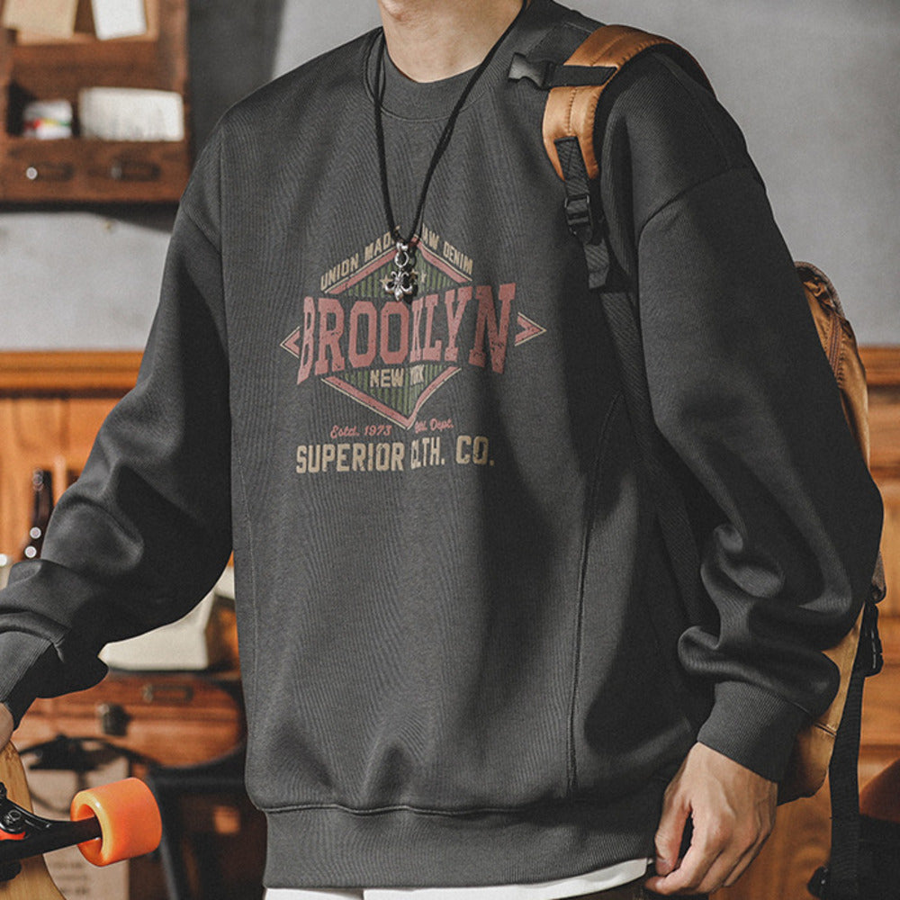 美式復古圓領衛衣男春秋季新款潮牌寬松大碼休閑套頭外套