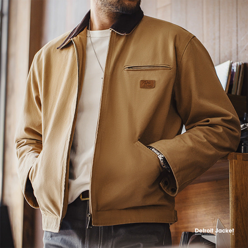 美式復古底特律獵裝夾克阿美咔叽帆布翻領外套