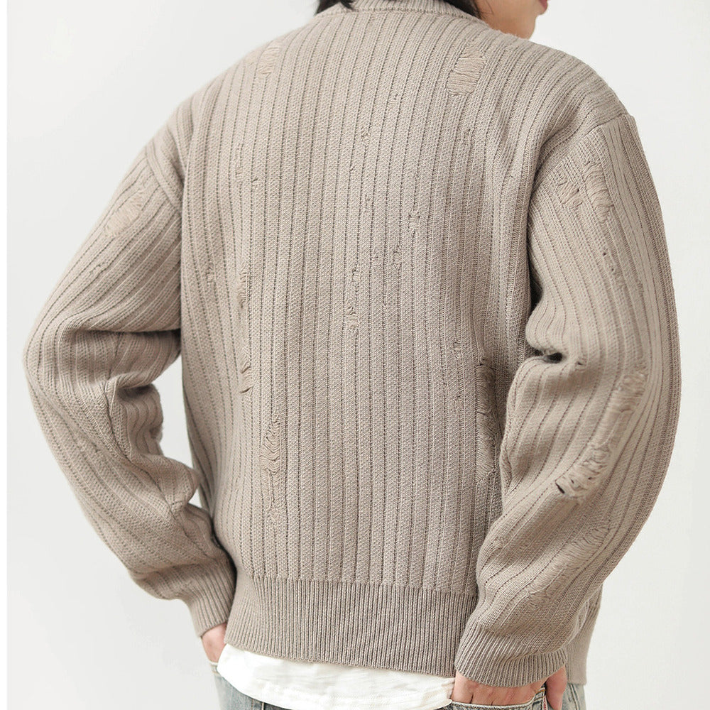 針織開衫破洞提花復古cleanfit休閑毛衣外套