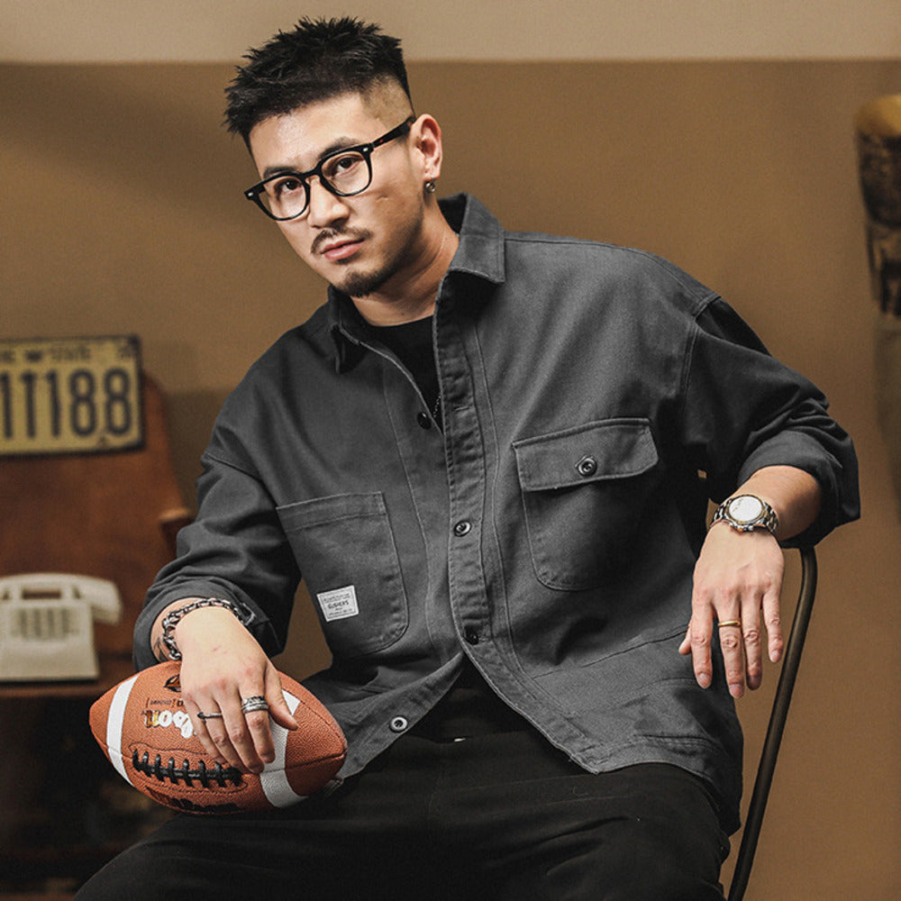 美式復古工裝襯衫春秋季款潮牌痞帥牛仔夾克外套