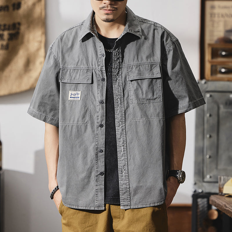 短袖襯衫夏季美式復古明線貼標襯衣潮流純棉大碼工裝外套