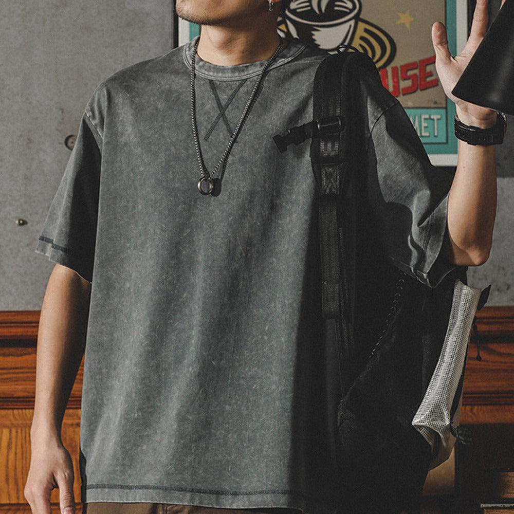 美式復古水洗t恤男短袖夏季寬松大碼潮牌潮流半截袖純棉體恤