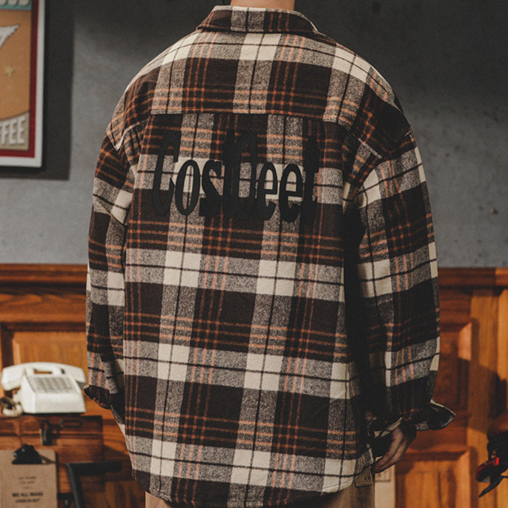 美式復古格子襯衫男士春秋季潮牌寬松休閑秋冬厚款長袖襯衣外套男