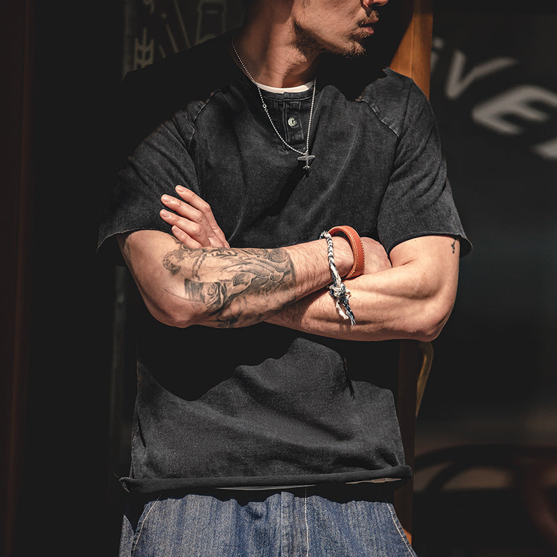 復古做舊亨利領彈力修身短袖咔叽美式硬漢T恤衫