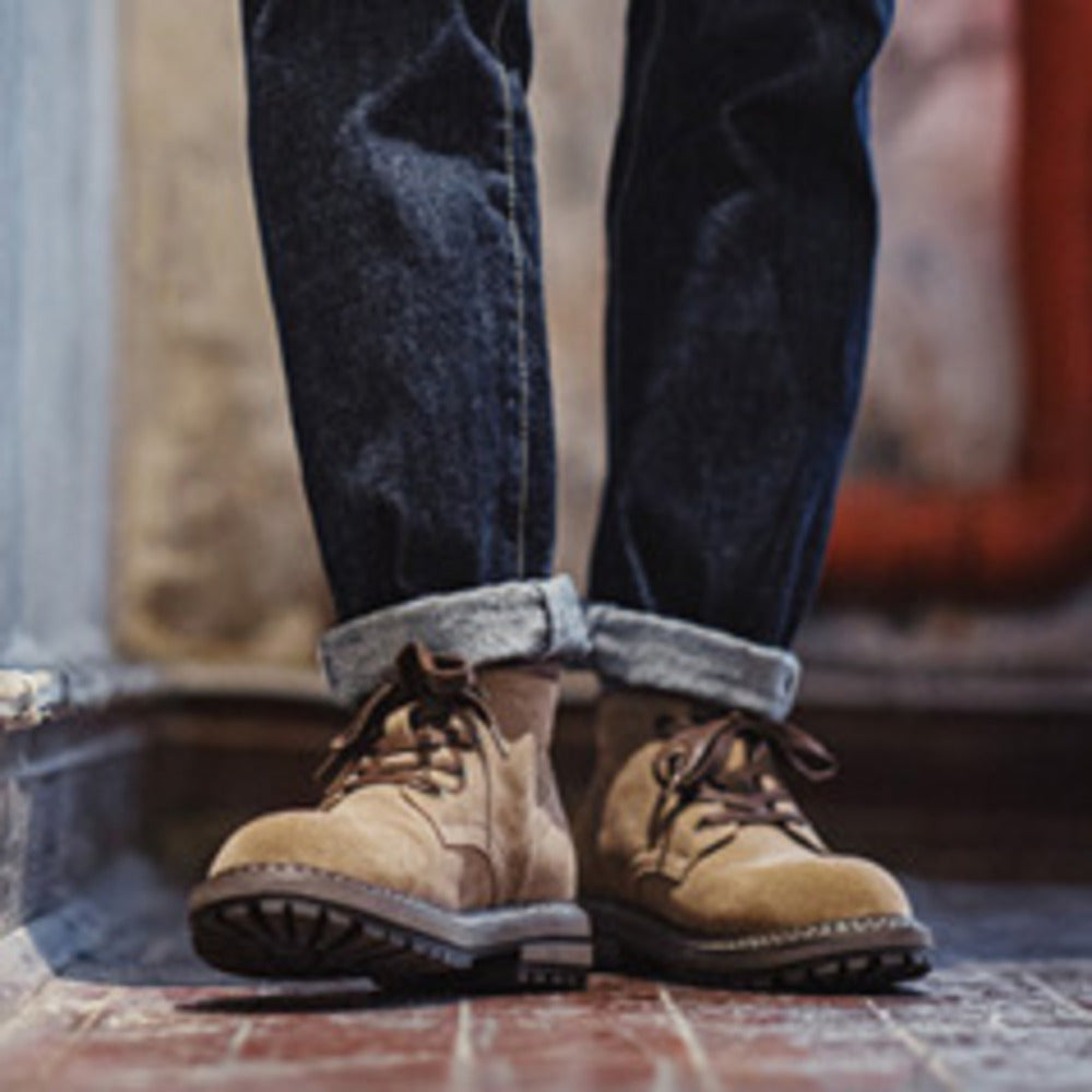 秋季新款美式工裝靴男復古中幫真皮馬丁靴戶外沙漠靴