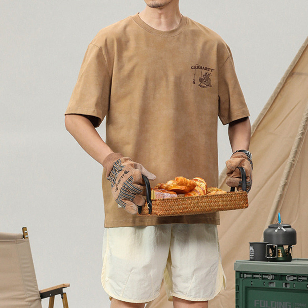 夏季2024新款寬松大碼徒步露營風短袖t恤男潮牌