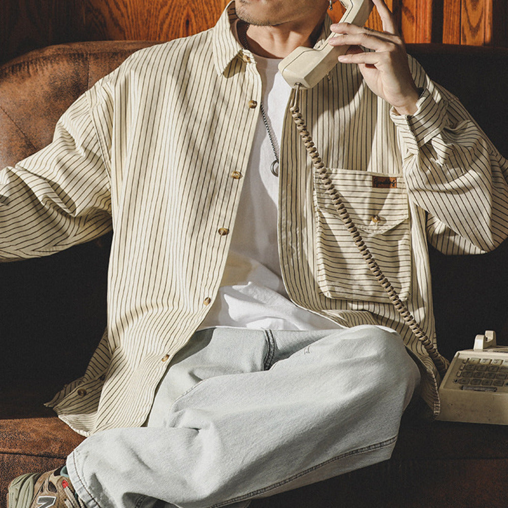 美式條紋襯衫男長袖設計感寬鬆休閒廓形襯衣寸衫外套