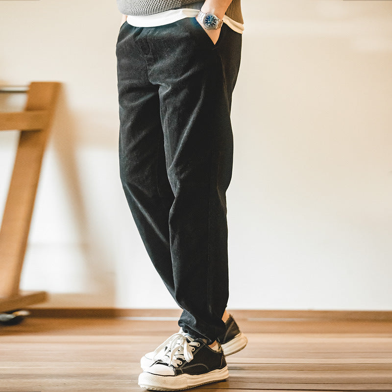 美式復古燈芯絨束腳長褲松緊腰條絨寬松直筒休閑褲