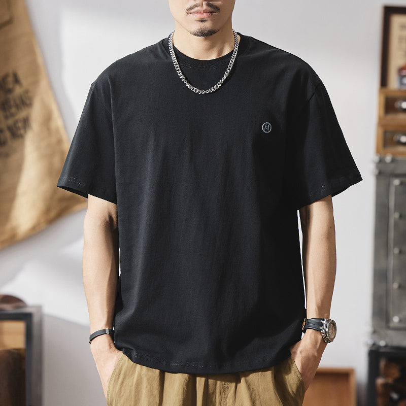 美式潮流刺繡純棉白色休閑圓領打底衫