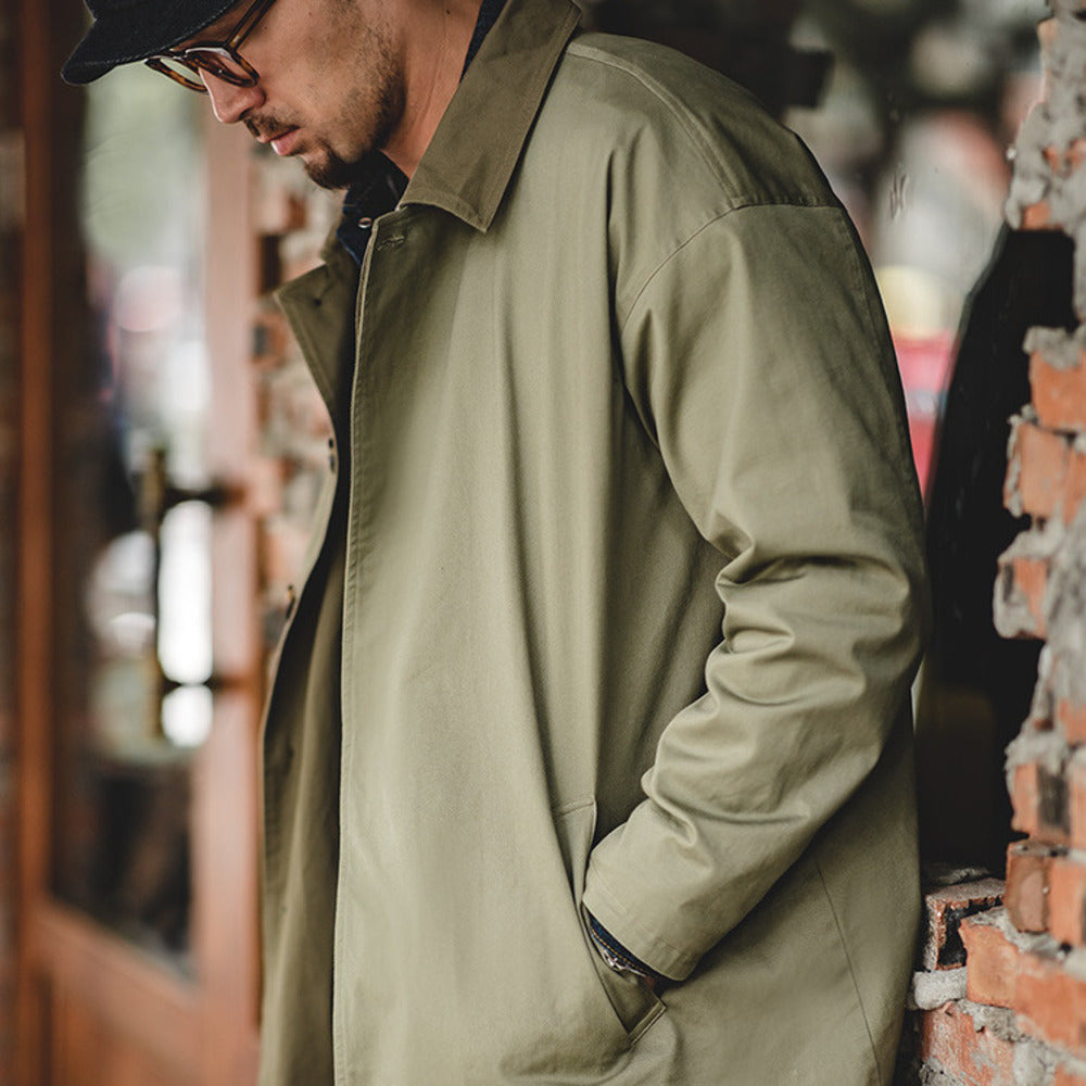 美式休閑撞色巴爾瑪肯風衣寬松中長款薄大衣外套