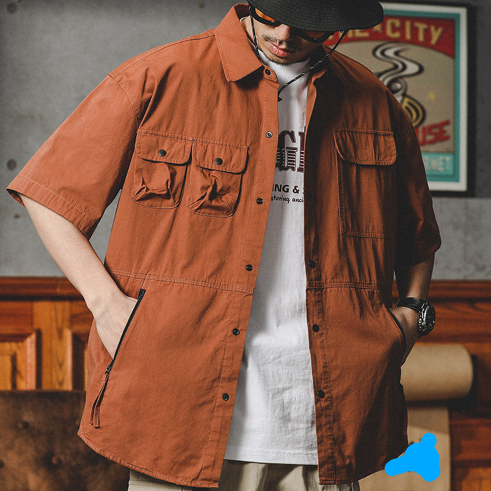 美式机能衬衫男短袖夏季款潮牌宽松大码休闲工装衬衣半袖外套