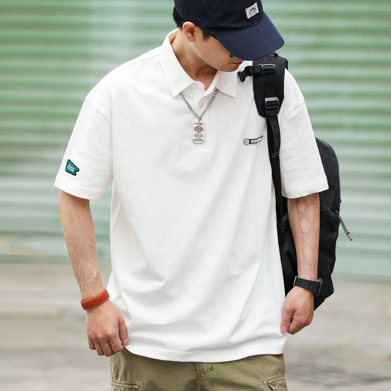 復古POLO領潮牌休閑短袖T恤男寬松設計感純棉半袖打底衫