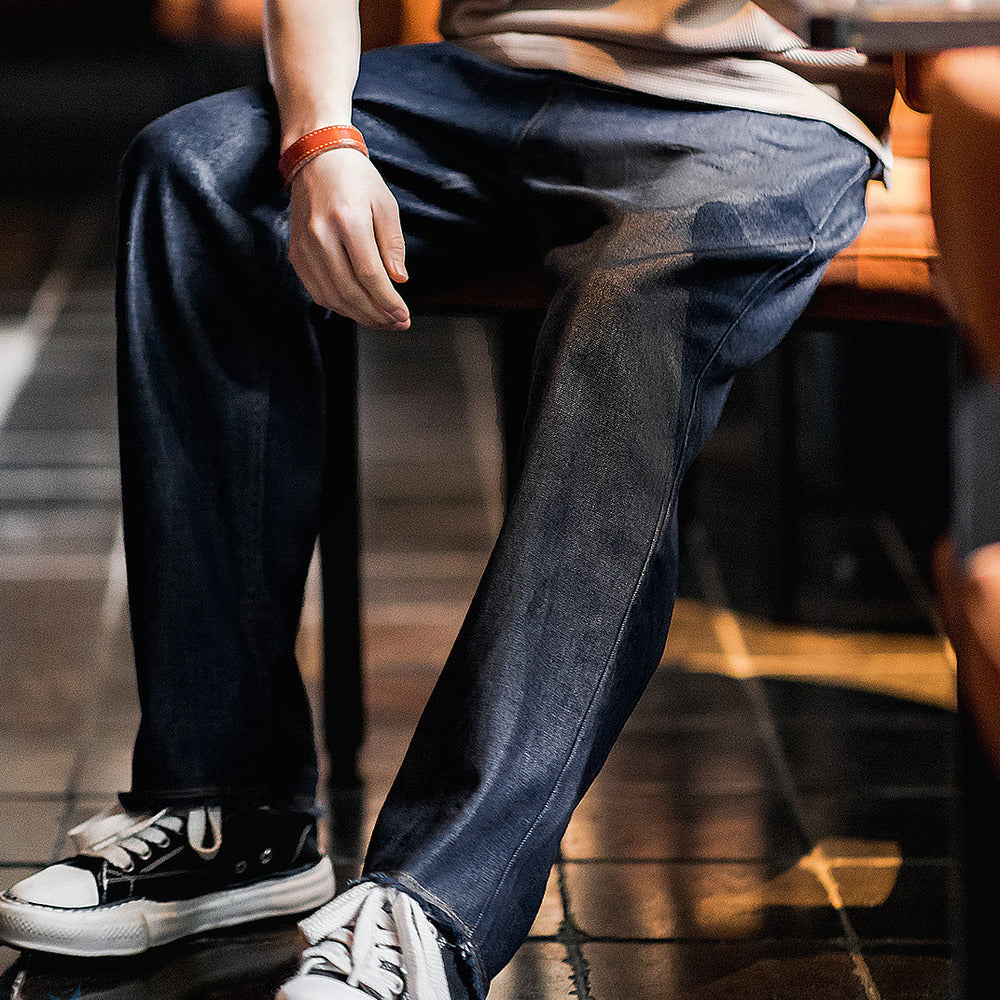 美式休閑冰皮牛仔褲丹寧水洗雙褶毛邊寬松直筒長褲