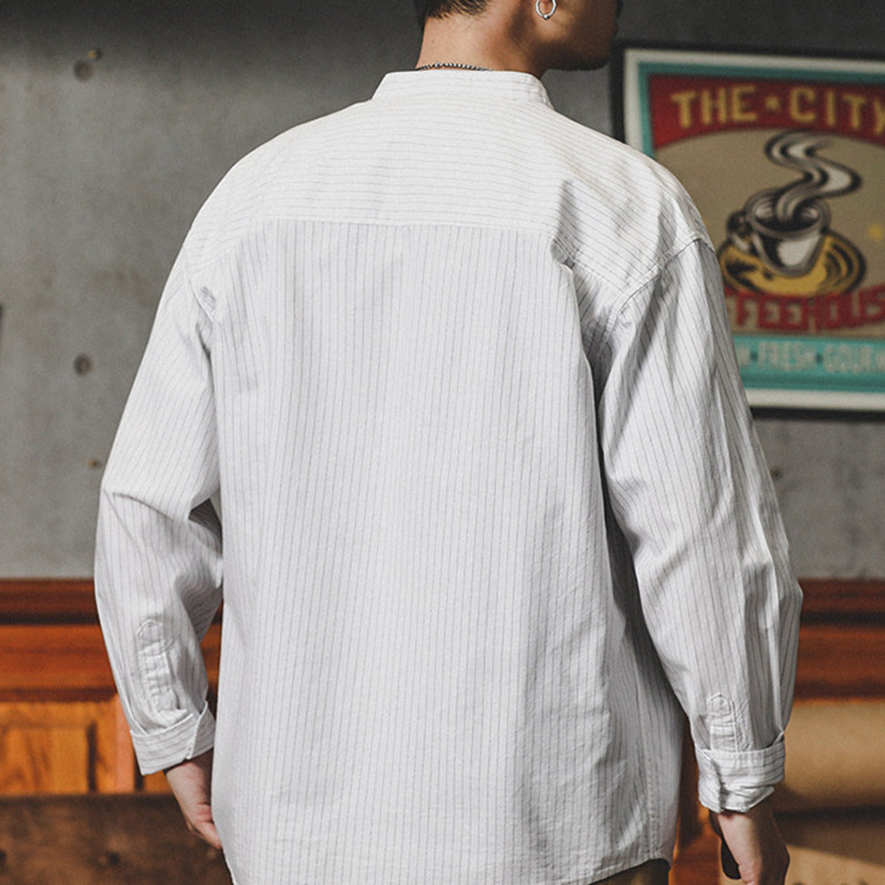 復古條紋襯衫春秋季美式休閑圓領內搭外穿立領襯衣外套