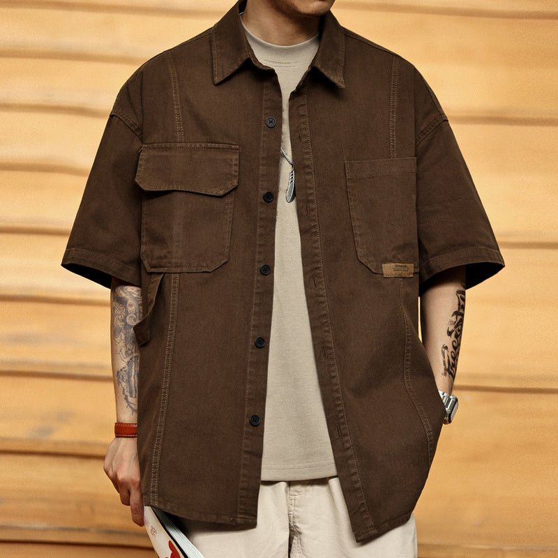 美式復古工裝襯衫男士夏季寬松山系戶外多口袋短袖襯衣外套