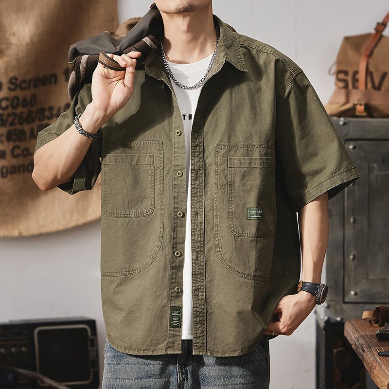 夏季美式硬漢工裝上衣純棉貼標大碼半袖襯衣