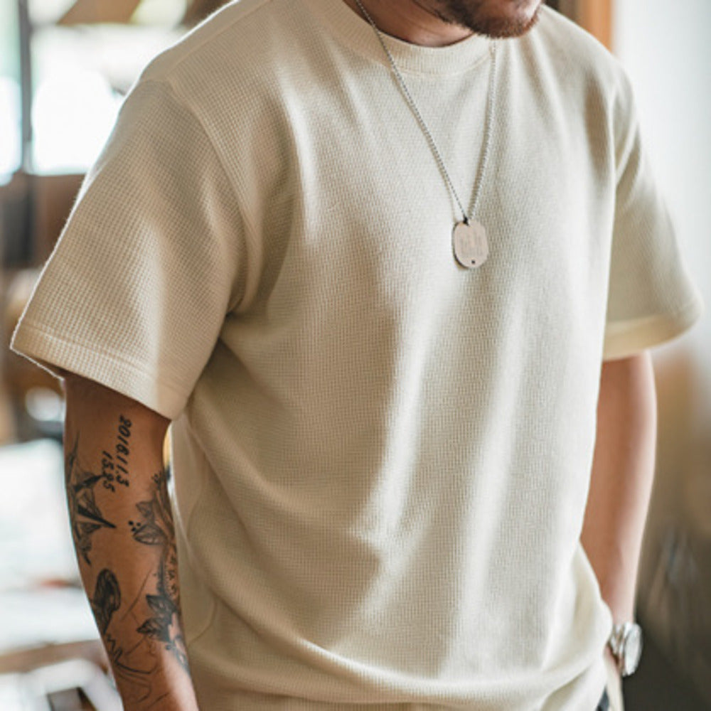 美式復古250g華夫格圓領針織短袖T恤半袖打底衫