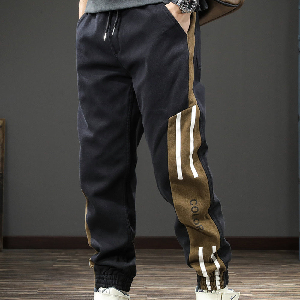 復古工裝束腳休閑褲男條紋大碼夏季新款痞帥哈倫運動長褲