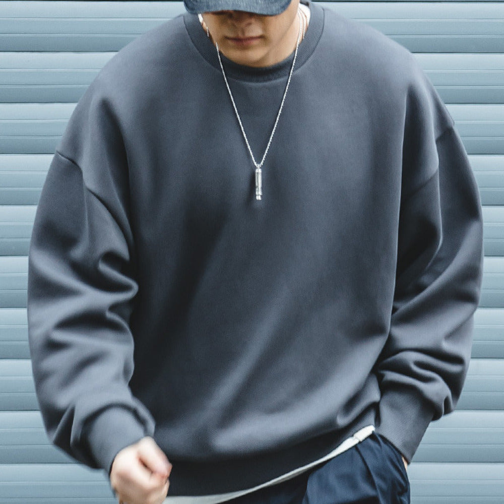 復古灰色落肩太空棉衛衣空氣層無帽圓領外套頭