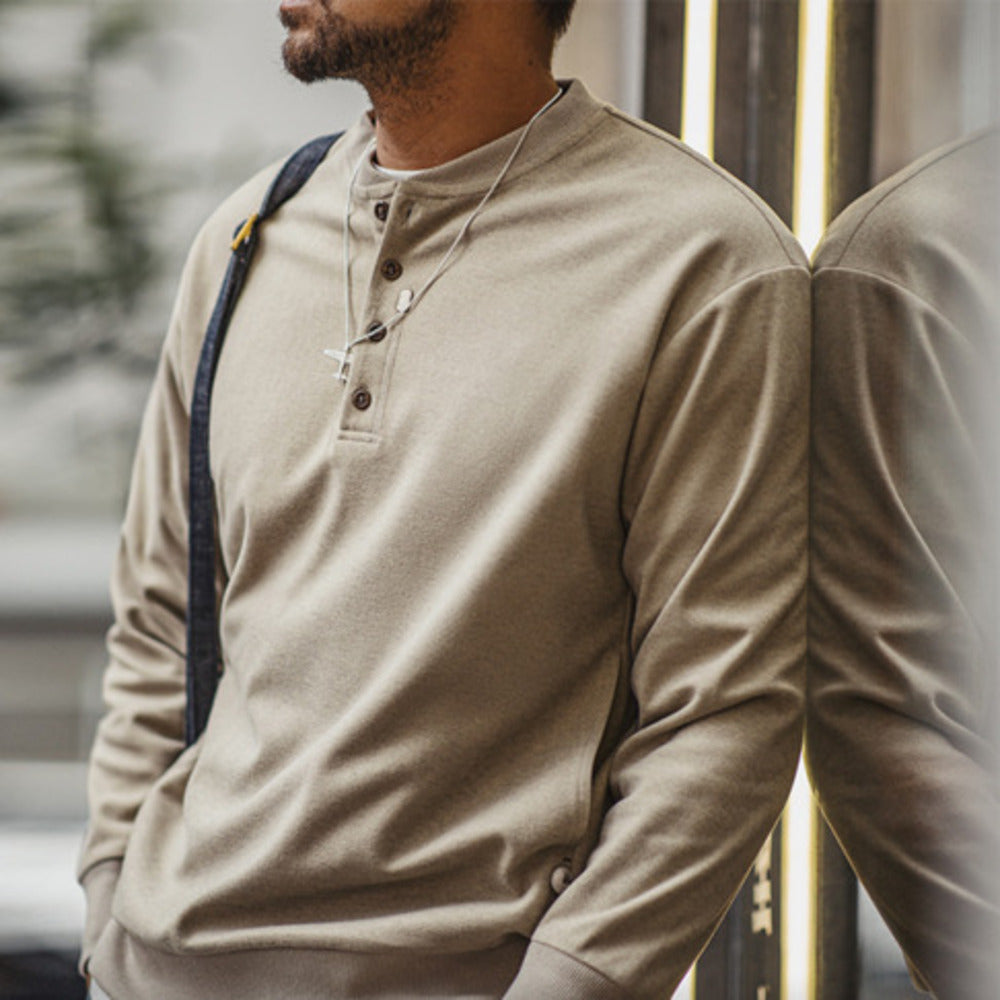 美式休閑亨利領毛呢衛衣格雷系cleanfit長袖打底衫