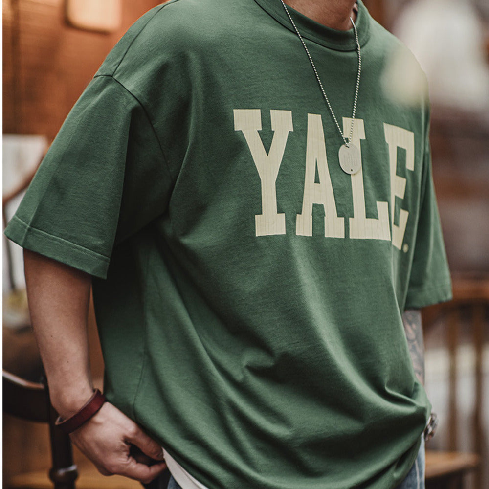 美式撞色字母印花T恤學院風耶魯大學純棉短袖體恤男夏季