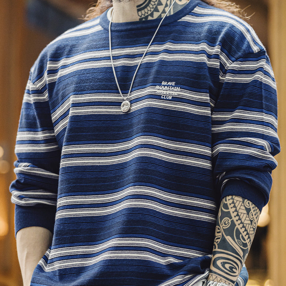 美式休閑撞色條紋長袖T恤Cityboy混紡圓領落肩針織衫