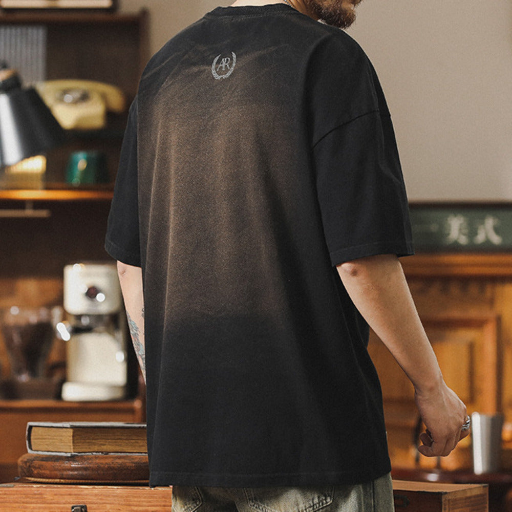 麻灰色美式休閑t恤男短袖新款夏季男裝體恤大碼寬松純棉上衣