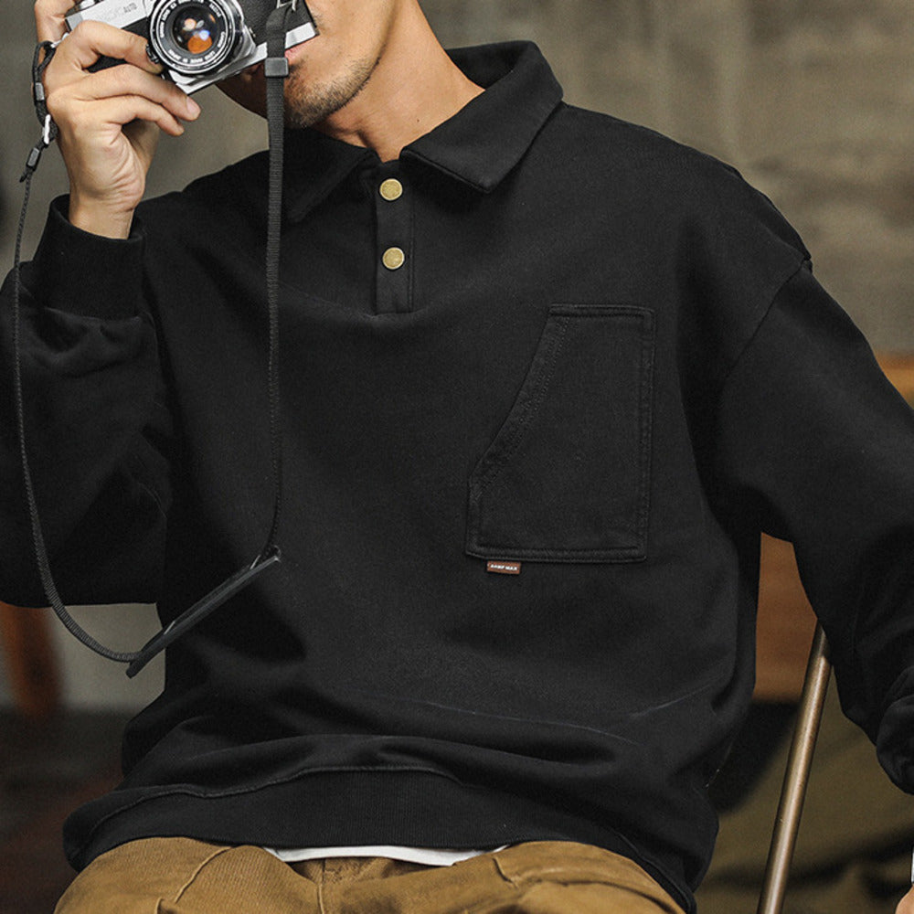 美式Polo衫男長袖新品潮牌寬松休閑復古水洗黑色翻領衛衣